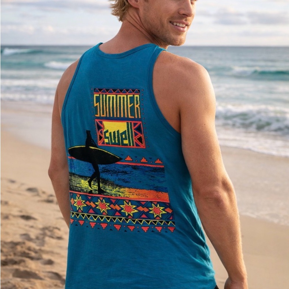 Vintage 90s Pacific Heat Summer Swell Graphic Tank Top Men’s Large Teal Neon